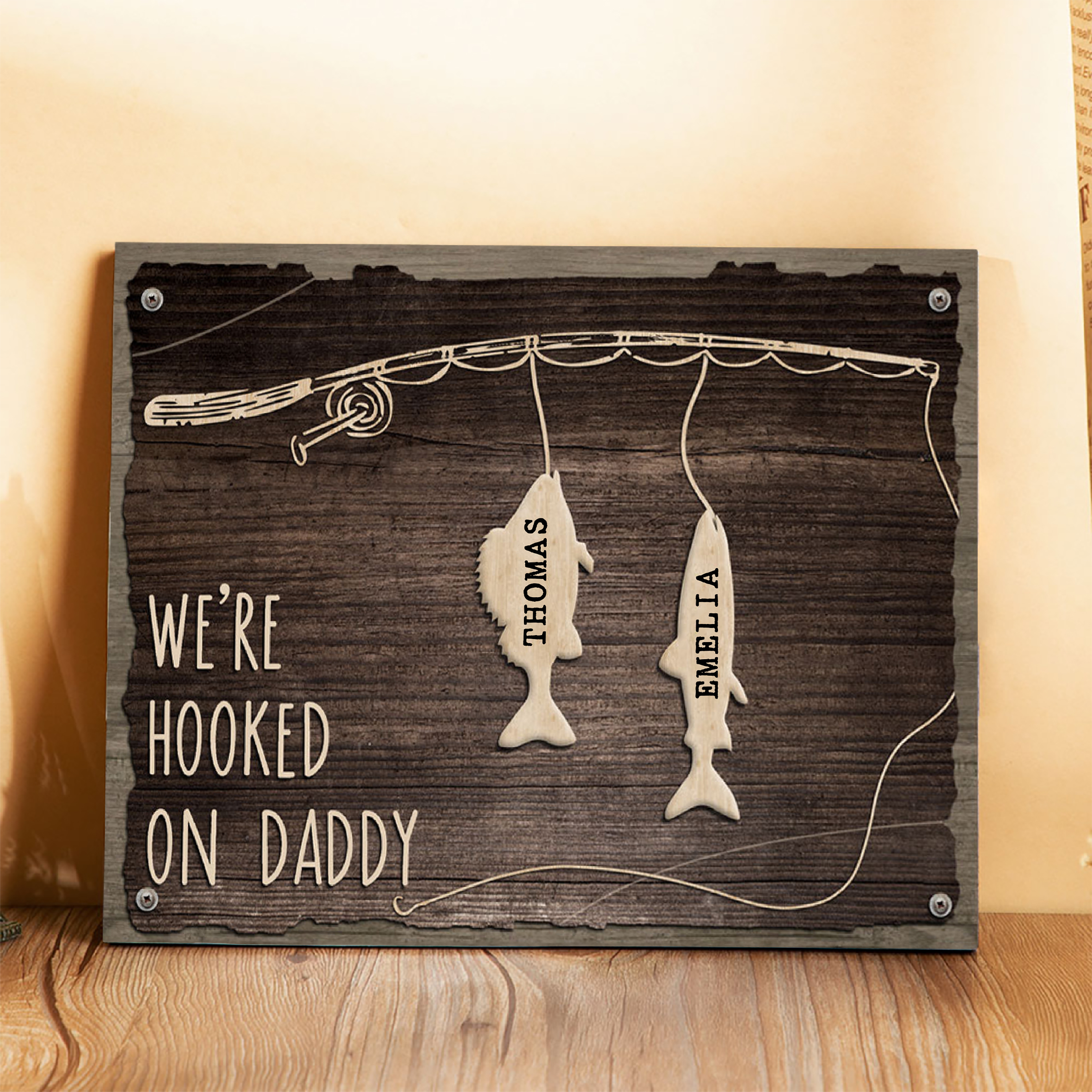 Father's Day Gifts Wood Signs Engrave 2 Names Frame Keepsake -We've Hooked On Daddy-Jessemade AU
