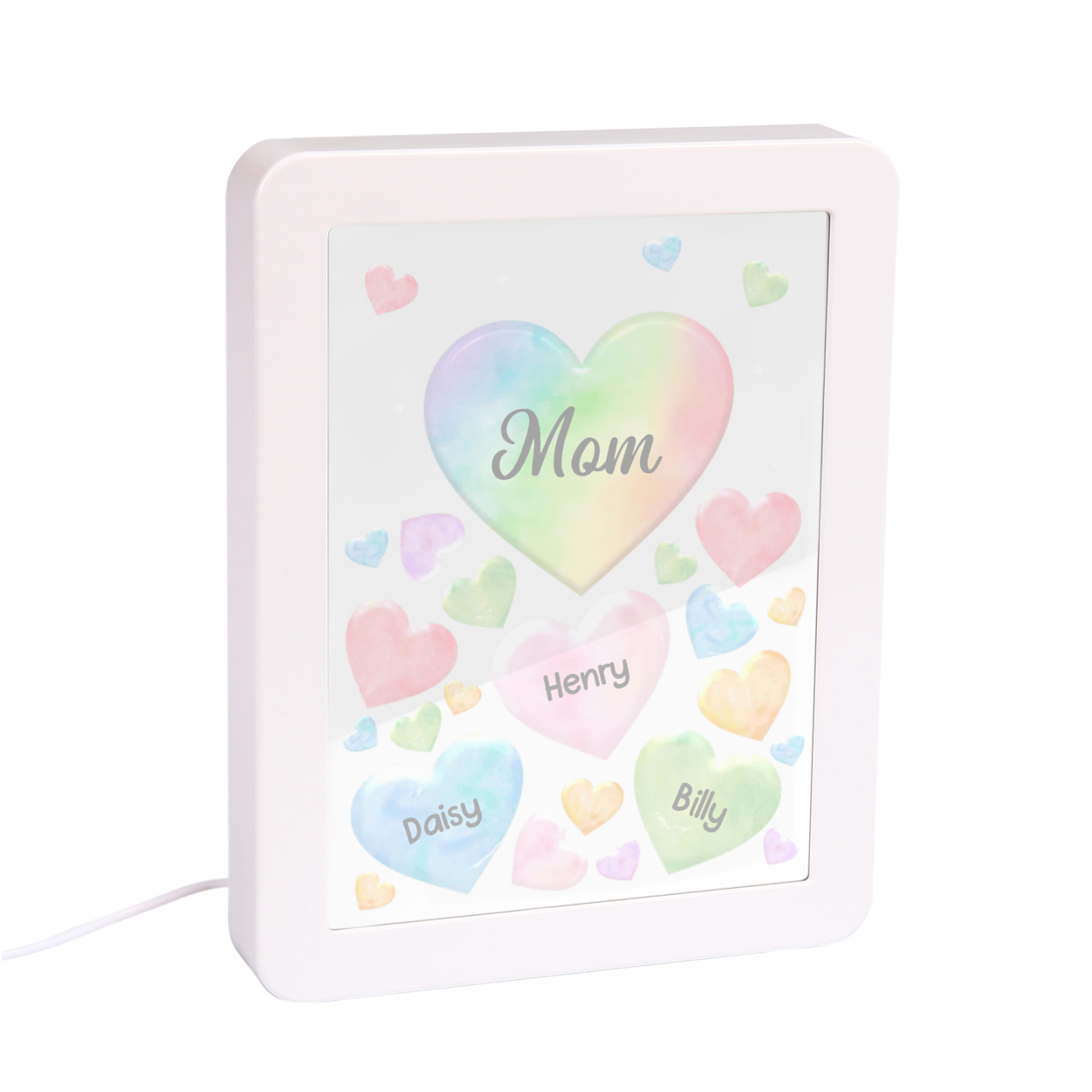 Personalised Night Light Mirror Frame Custom 1 Text & 3 Names Colourful Hearts Family LED Lamp Gift for Grandma/Mother-Jessemade AU