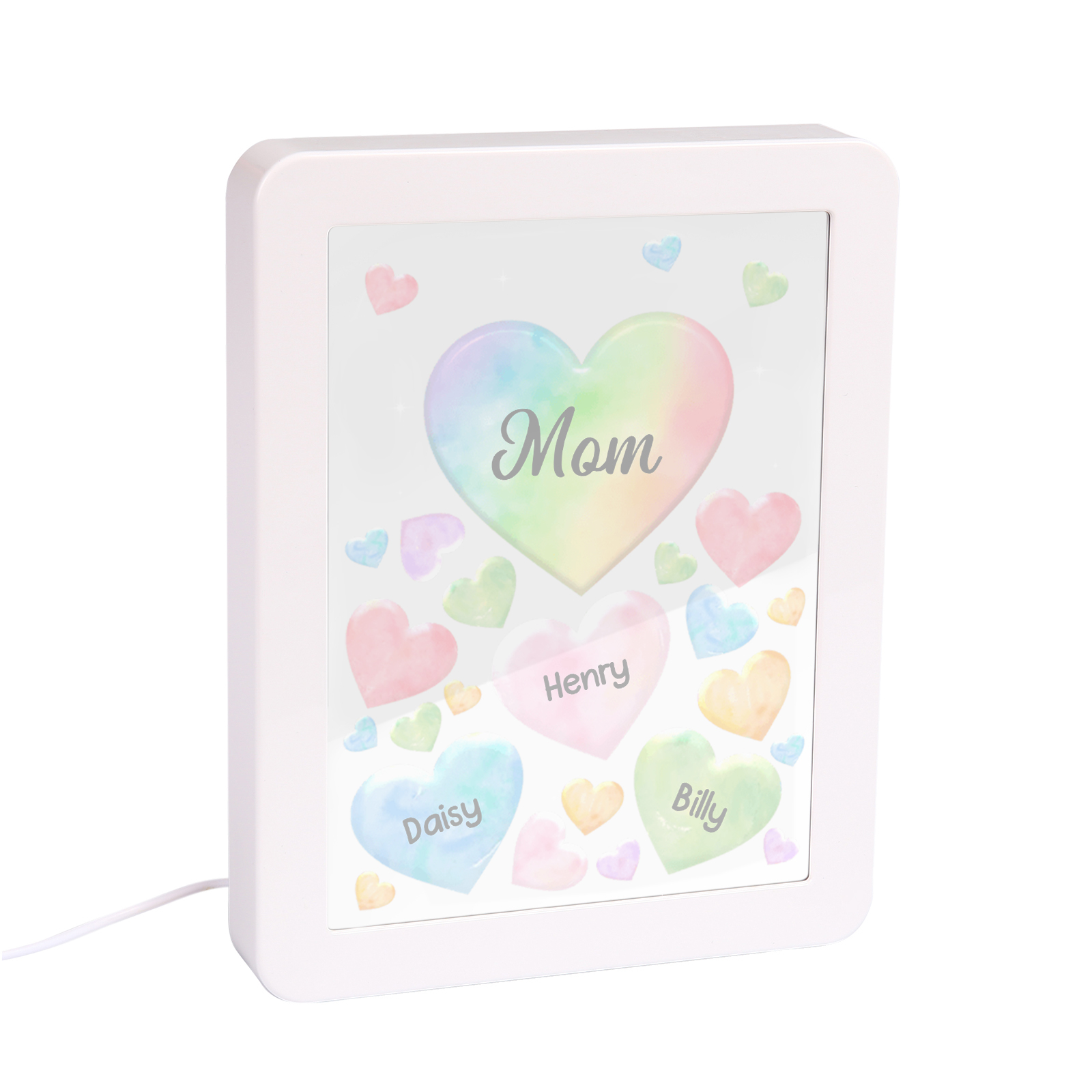 Personalised Night Light Mirror Frame Custom 1 Text & 3 Names Colourful Hearts Family LED Lamp Gift for Grandma/Mother-Jessemade AU