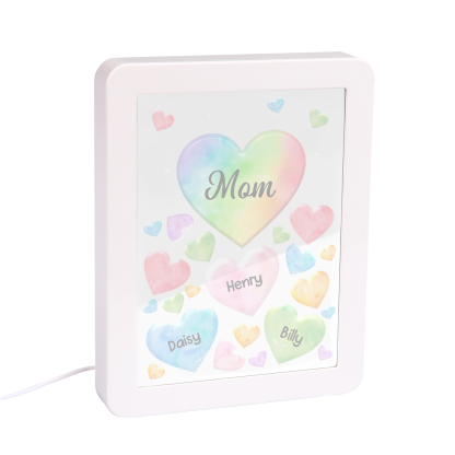 Personalised Night Light Mirror Frame Custom 1 Text & 3 Names Colourful Hearts Family LED Lamp Gift for Grandma/Mother-Jessemade AU