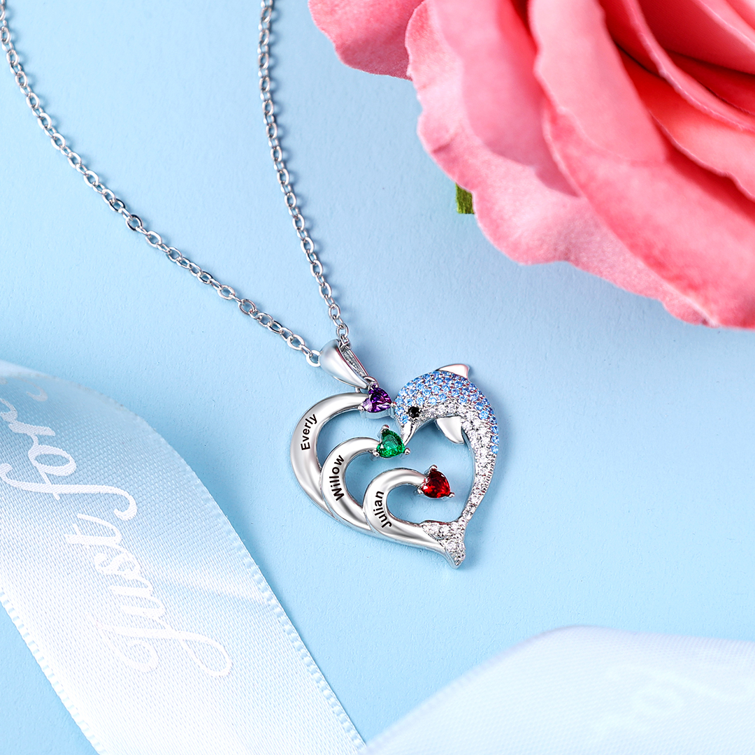 Personalised Heart Dolphin Necklace With 2 Birthstones Engraved Names Gift For Mum-Jessemade AU