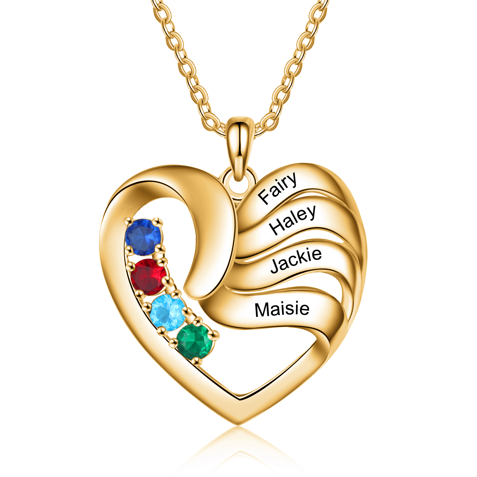 Customised Heart Necklace With 4 Birthstones Engraved Names Family Necklace Gifts for Her-Jessemade AU