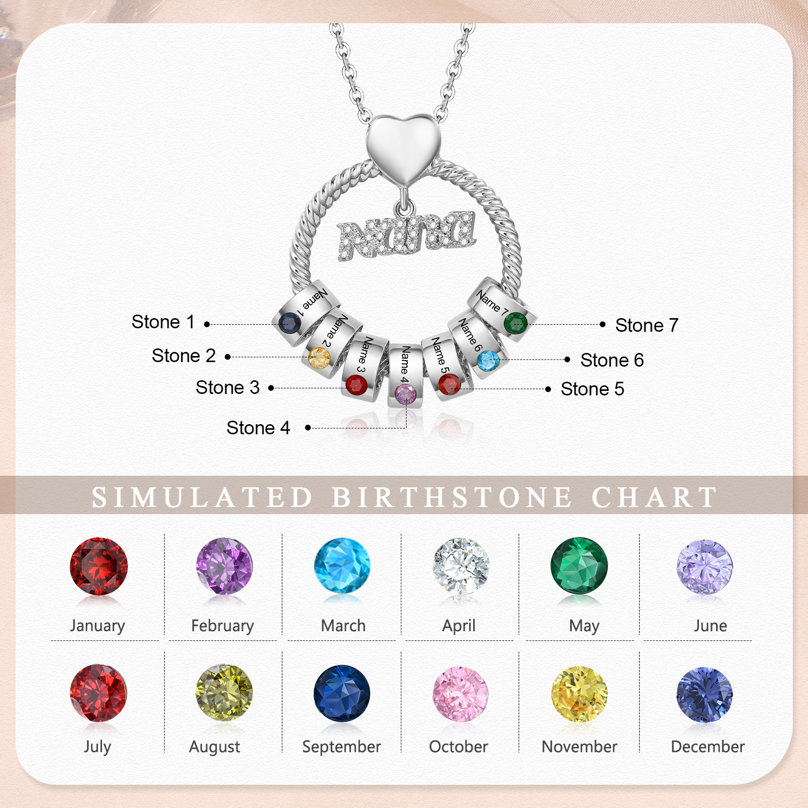 7 Names - Personalised Nana Necklace Custom Names & Birthstones Circle Pendant Necklace Gift for Grandma Nana-Jessemade AU