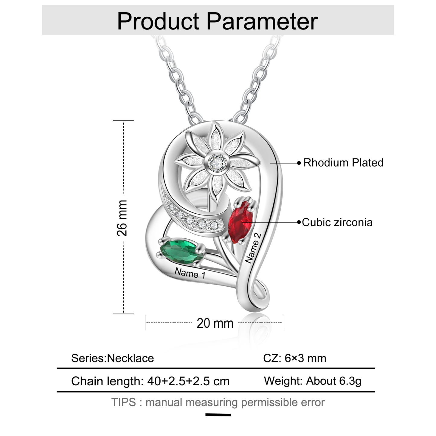Personalised Heart Flower Necklace With 2 Birthstone Engraved Names Gift For Her-Jessemade AU