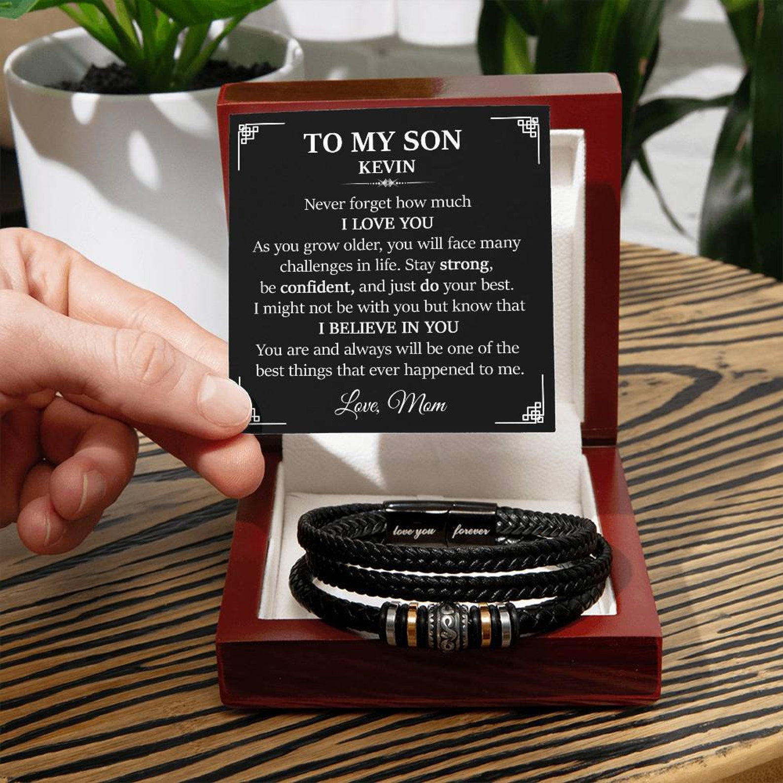 To My Son Bracelet Personalised Name Message Card Braided Leather Bracelet Mom to Son Gift - Never Forget How Much I Love You