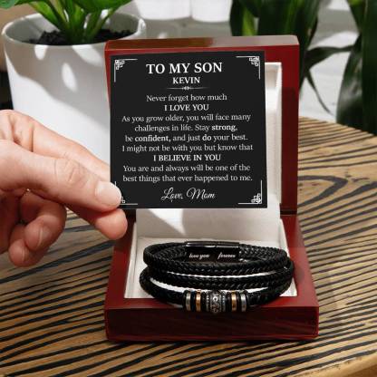 To My Son Bracelet Personalised Name Message Card Braided Leather Bracelet Mom to Son Gift - Never Forget How Much I Love You-Jessemade AU