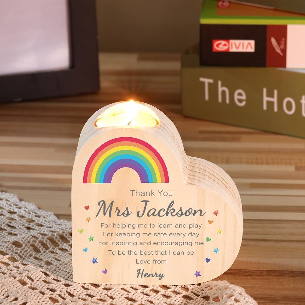 Wooden Candle Holder Custom Text & Name Rainbow Candlestick Teachers' Day Gift For Teacher - Thank You For Helping Me To Learn And Play-Jessemade AU