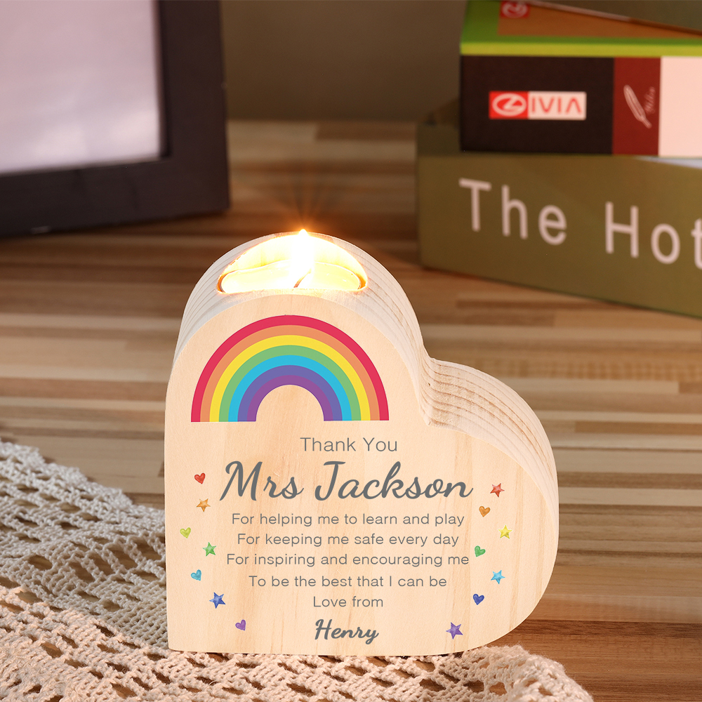 Wooden Candle Holder Custom Text & Name Rainbow Candlestick Teachers' Day Gift For Teacher - Thank You For Helping Me To Learn And Play-Jessemade AU
