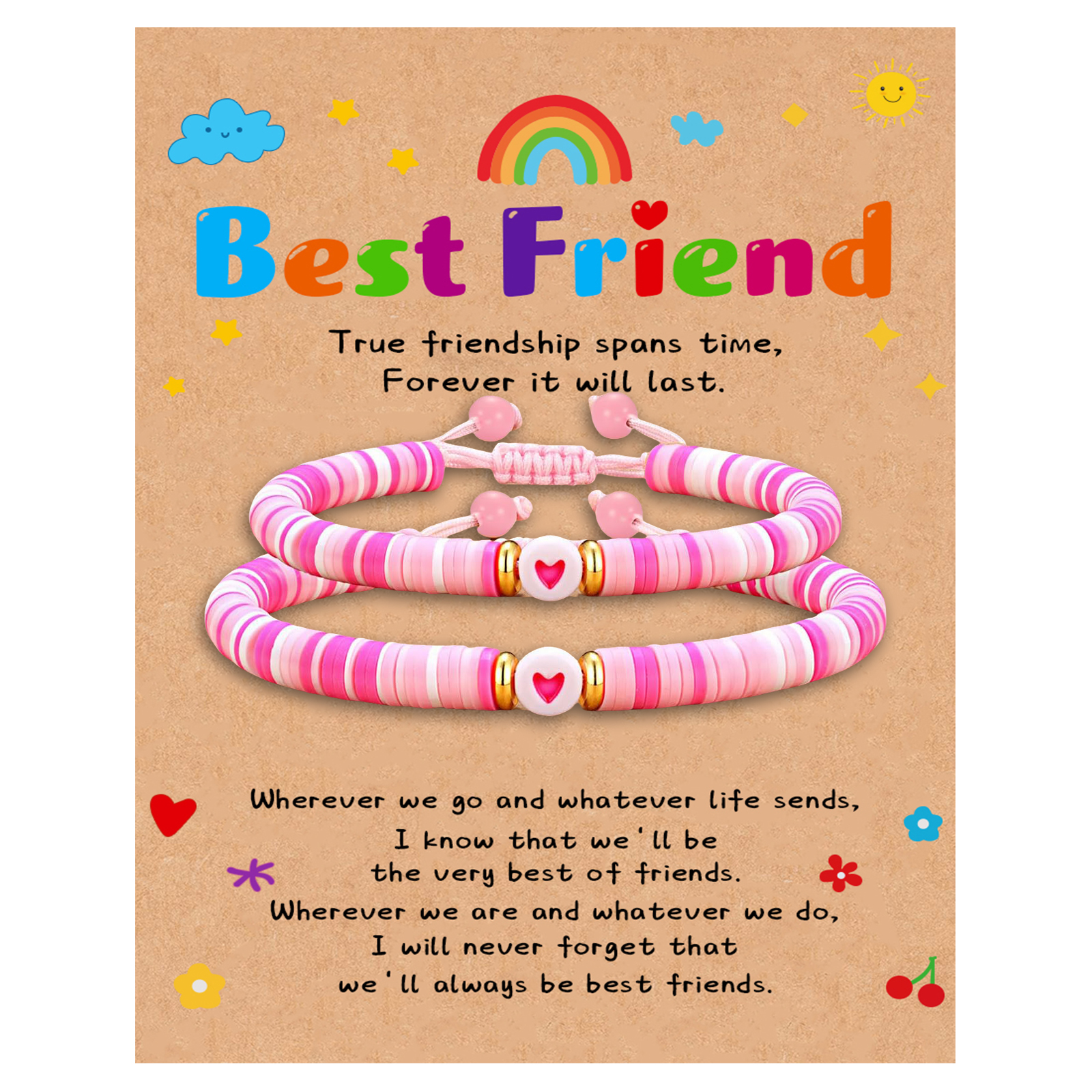 2 Pcs Bracelet Set Colourful Beaded Adjustable Bracelets with Message Card Gifts for Her - True Friendship Spans Time, Forever It Will Last-Jessemade AU