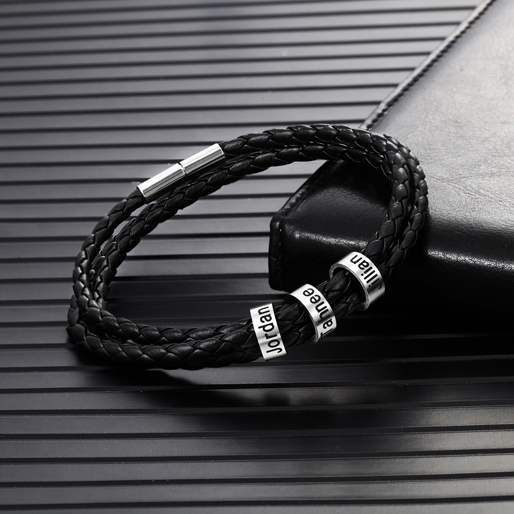 Leather Braided Bracelet Men Bracelets Personalised 3 Names 3 Beads Gift For Dad-Jessemade AU