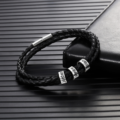 Leather Braided Bracelet Men Bracelets Personalised 3 Names 3 Beads Gift For Dad-Jessemade AU