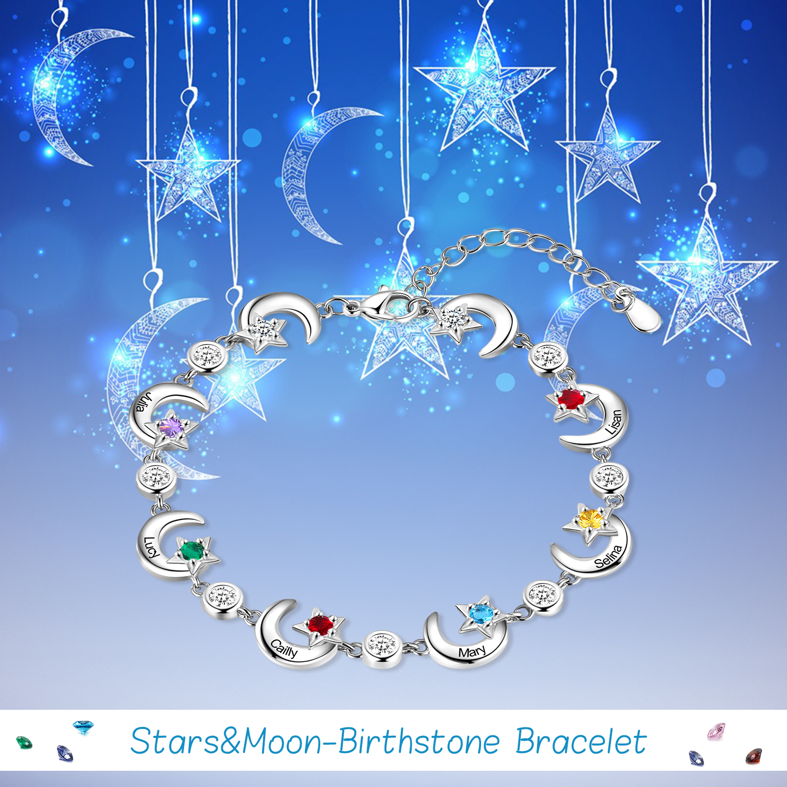 Personalised Moons And Stars Bracelet With 6 Birthstones Custom Names Bracelet Gift For Women-Jessemade AU