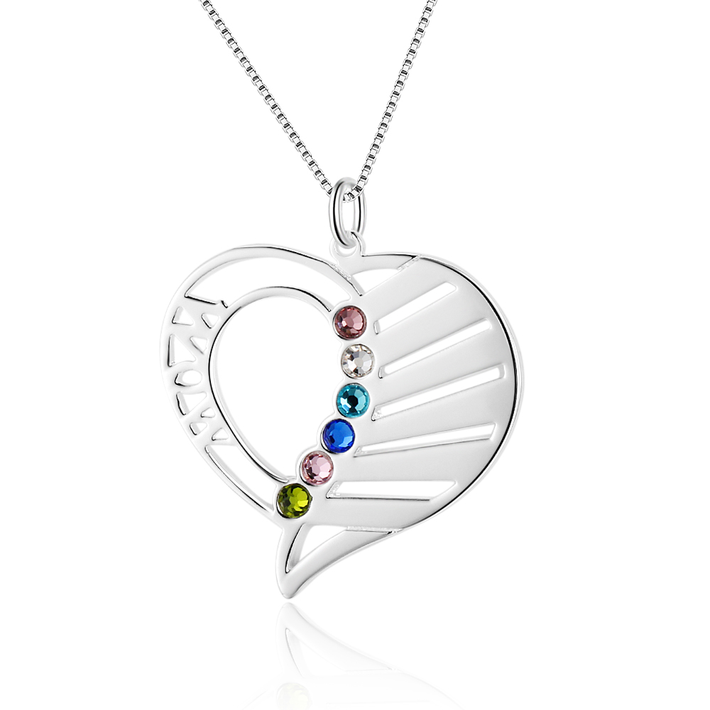 Personalised Heart Necklace With 6 Birthstones Engraved Names Gift For Her-Jessemade AU