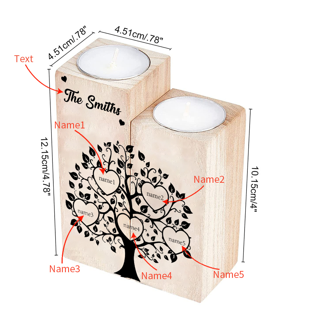 Family Name Wooden Heart Candle Holder Custom 5 Names Family Tree Candlesticks-Jessemade AU