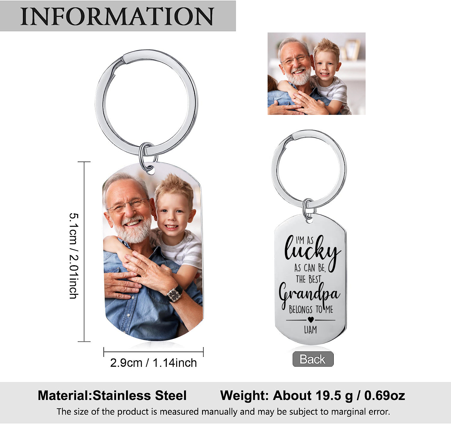 Personalised Photo Keychain Custom Name Keychain Grandparents' Day Gift for Grandpa-Jessemade AU