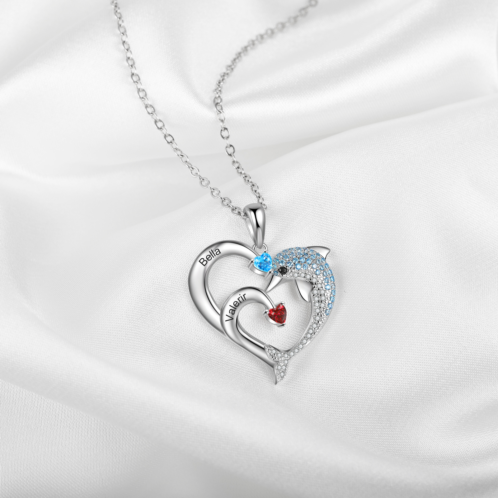 Personalised Heart Dolphin Necklace With 2 Birthstones Engraved Names Gift For Mum-Jessemade AU