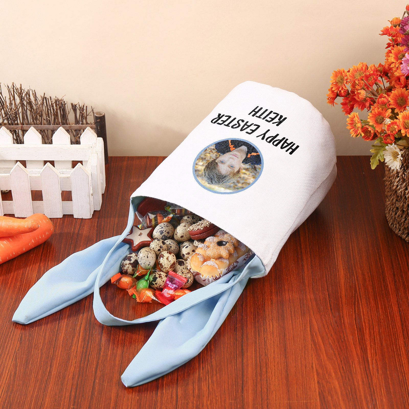 Personalised Photo Bunny Tote Bag Custom Name & Text Bucket Bag Bunny Basket Easter Gifts-Jessemade AU