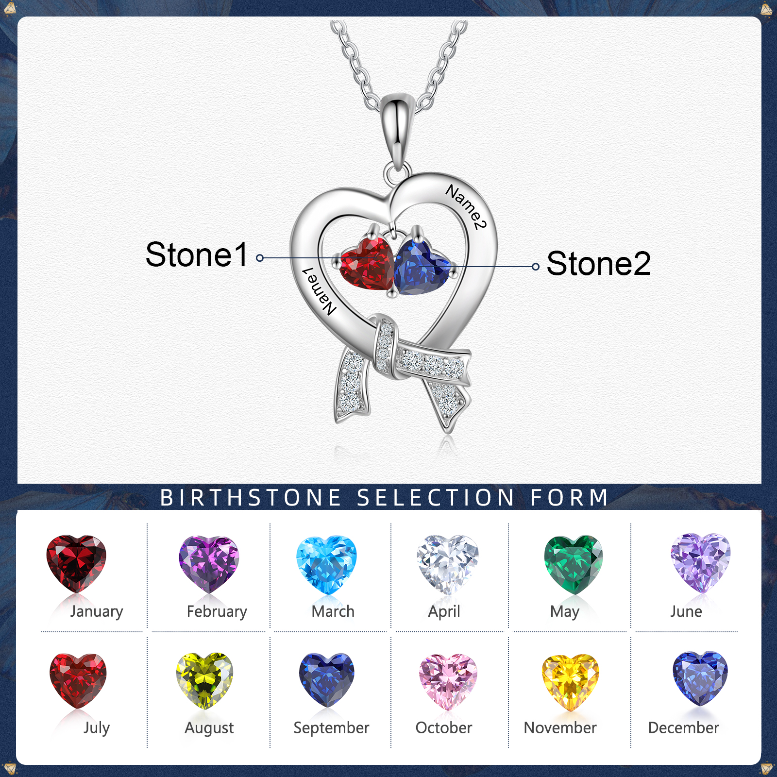 Personalised Heart Necklace With 2 Birthstones Custom Names Best Gift For Women-Jessemade AU