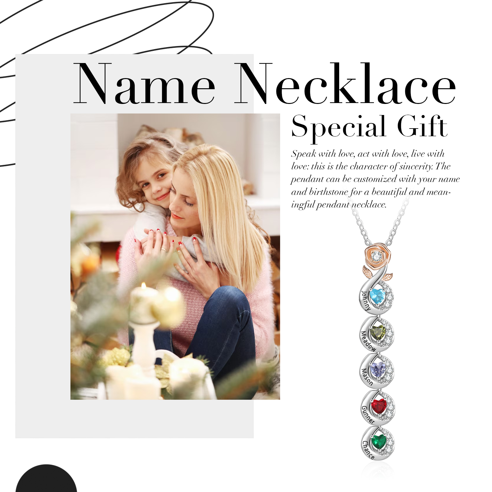 Custom Family Necklace Personalised 5 Birthstones & Names with Rose Pendant Gifts for Her-Jessemade AU