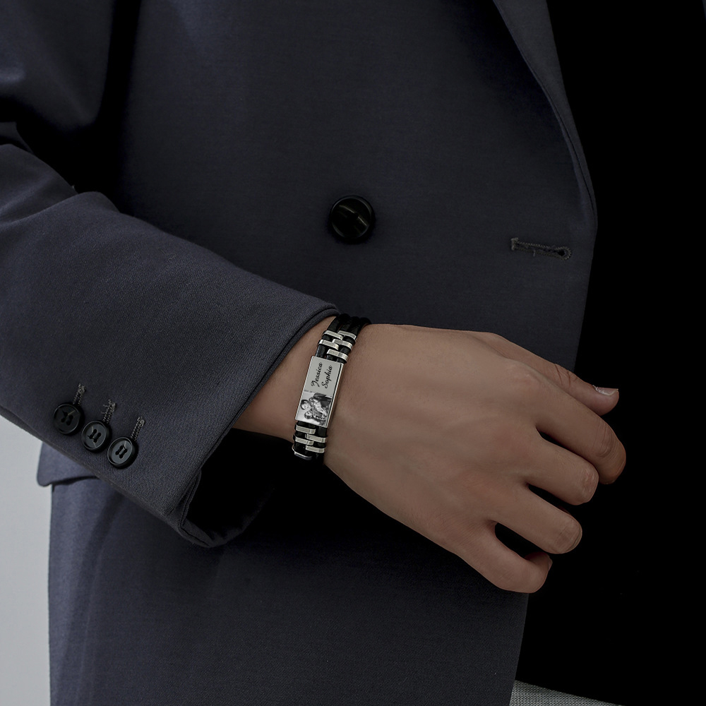 Personalised Leather Bracelet Custom Photo Initial ID Bar Men's Bracelet Bangle Gifts For Him-Jessemade AU