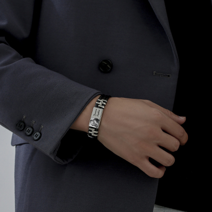 Personalised Leather Bracelet Custom Photo Initial ID Bar Men's Bracelet Bangle Gifts For Him-Jessemade AU