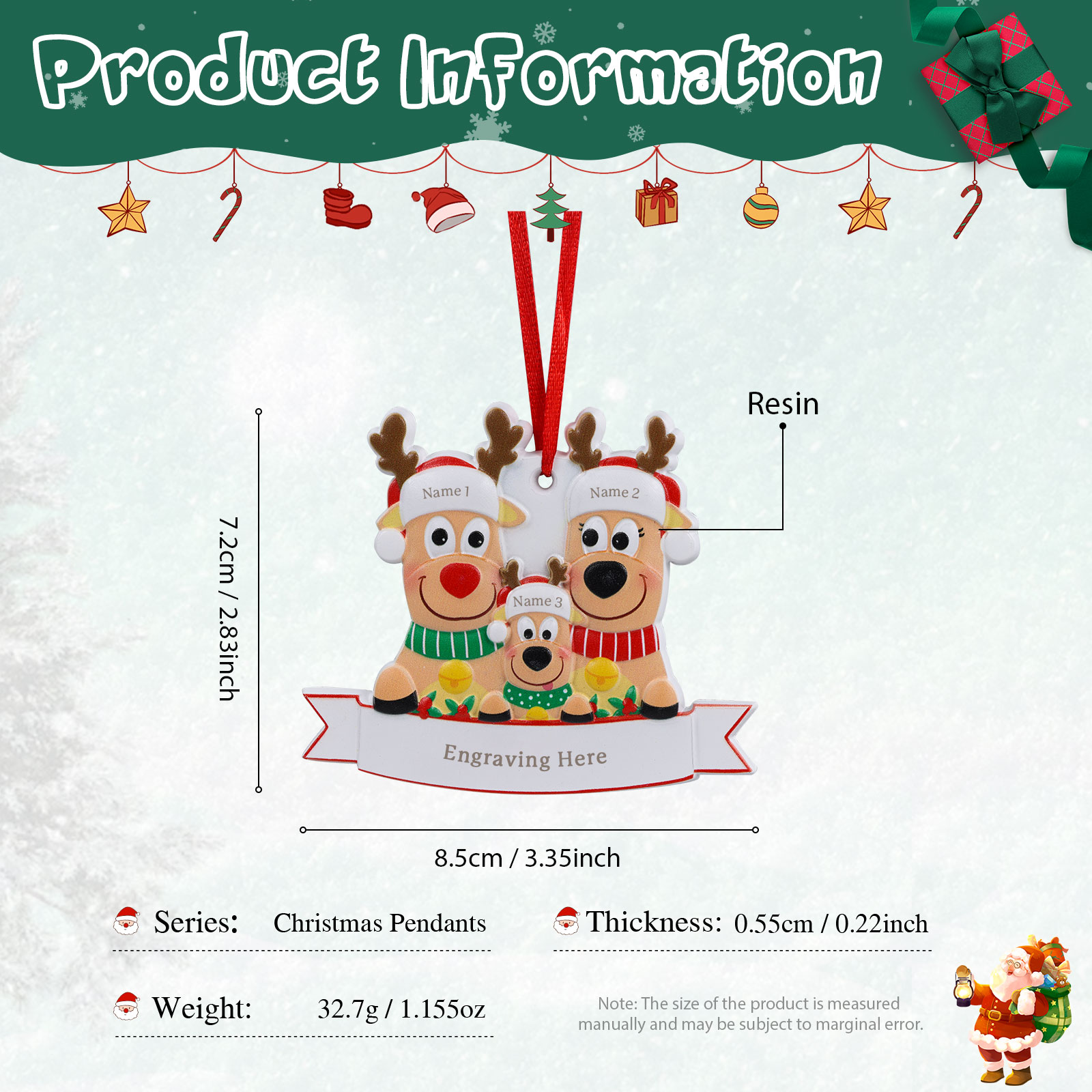 Personalised 3 Names & Text Reindeer Christmas Ornament Resin Christmas Tree Pendant for Family-Jessemade AU