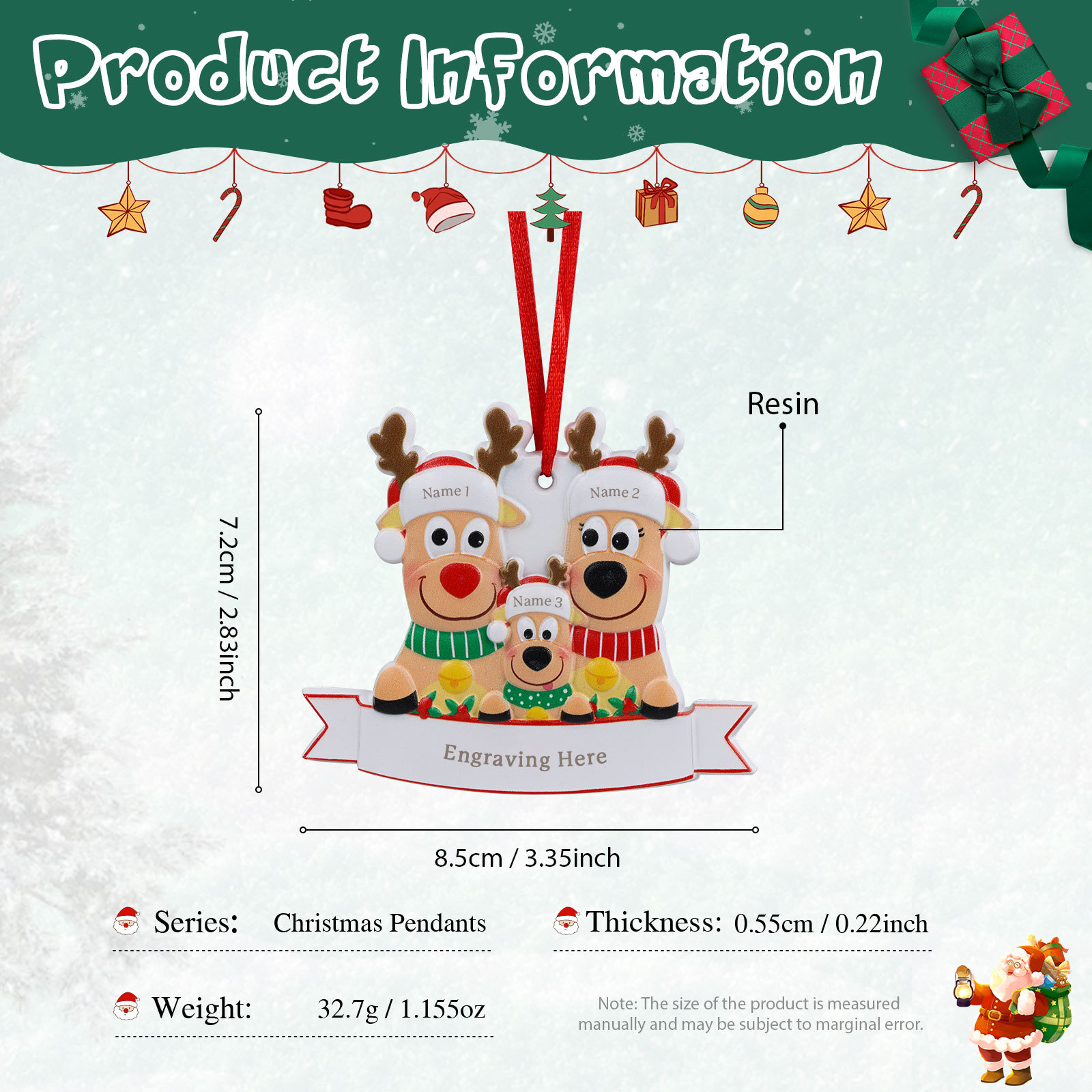 Personalised 3 Names & Text Reindeer Christmas Ornament Resin Christmas Tree Pendant for Family-Jessemade AU