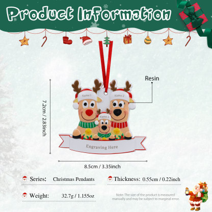 Personalised 3 Names & Text Reindeer Christmas Ornament Resin Christmas Tree Pendant for Family-Jessemade AU