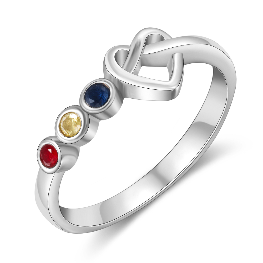 Family Ring Personalised 3 Birthstones Heart Knot Ring Band-Jessemade AU