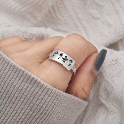 Personalised Birth Flower Ring Custom 4 Month Flowers Bar Ring Gift for Her-Jessemade AU