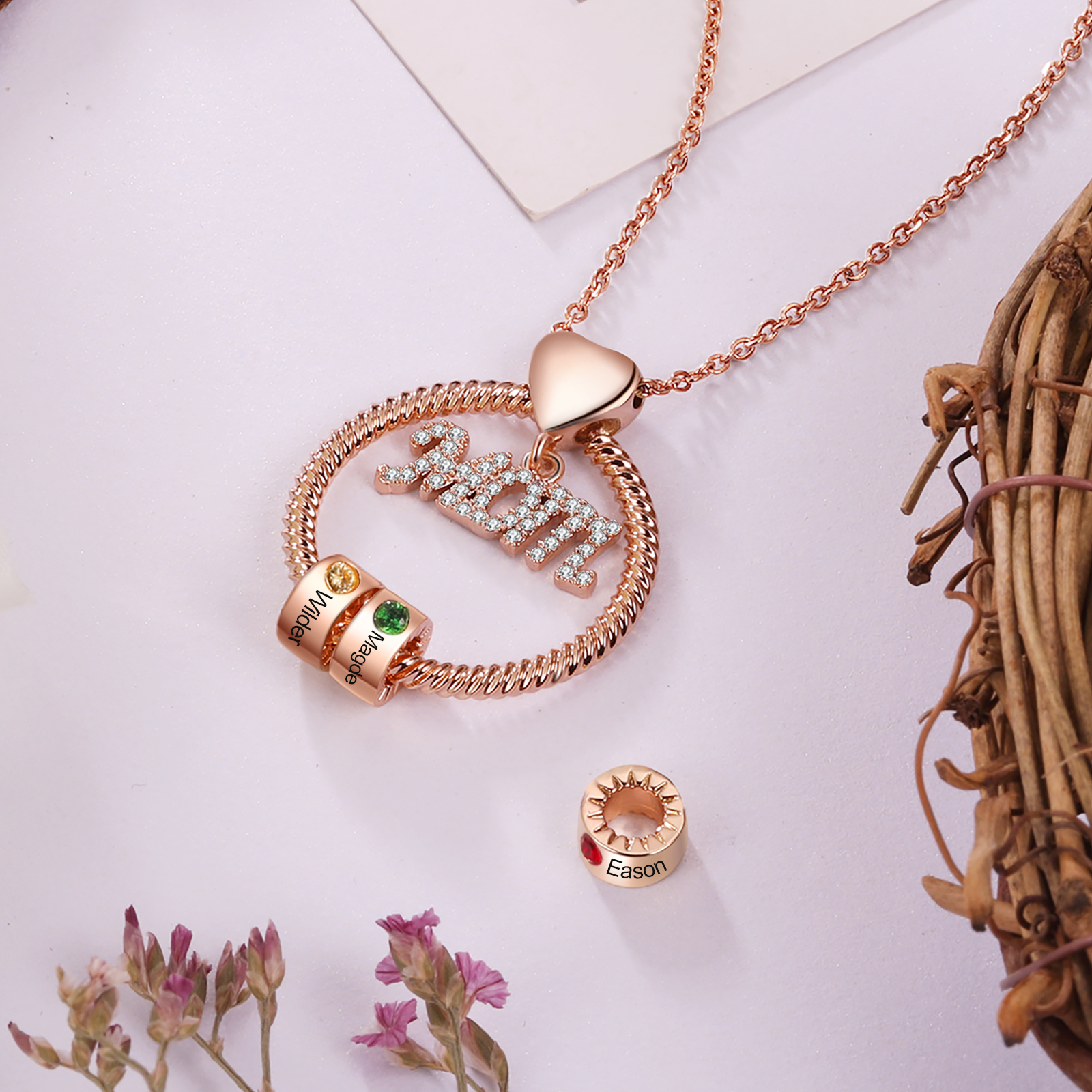 Personalised Necklace With 1 Birthstone Engraved Names Gift For Mother-Jessemade AU