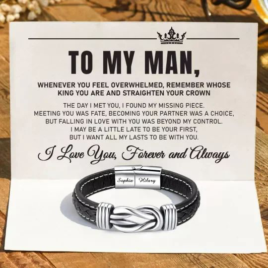 To My Man Custom 2 names Love You Forever Leather Knot Linked Bracelet-Jessemade AU