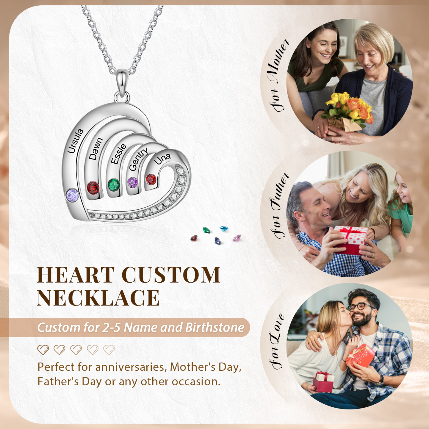 Personalised Heart Pendant Necklace Custom 5 Birthstones & 5 Names Necklace Gifts for Her-Jessemade AU