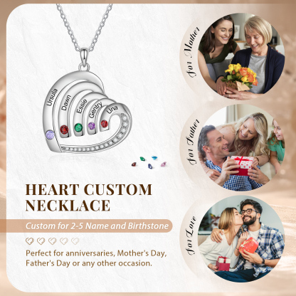 Personalised Heart Pendant Necklace Custom 5 Birthstones & 5 Names Necklace Gifts for Her-Jessemade AU