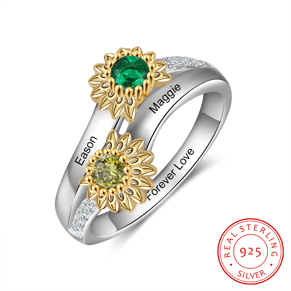 Personalised Sunflower Ring With 2 Birthstones Engraved Names Ring Gift For Women-Jessemade AU