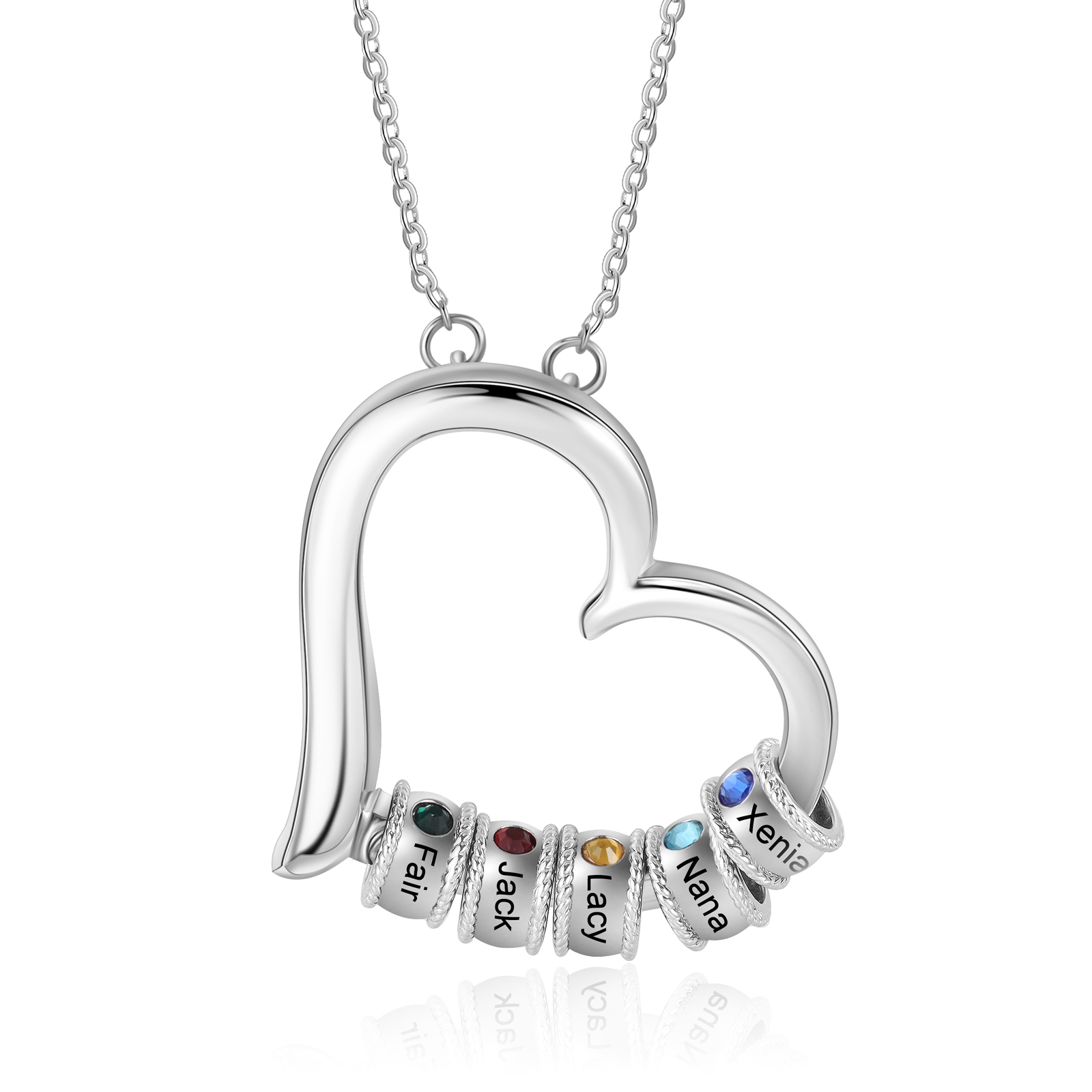 Personalised Heart Necklace With 5 Birthstones Engraved Family Names Necklace Gift For Her-Jessemade AU