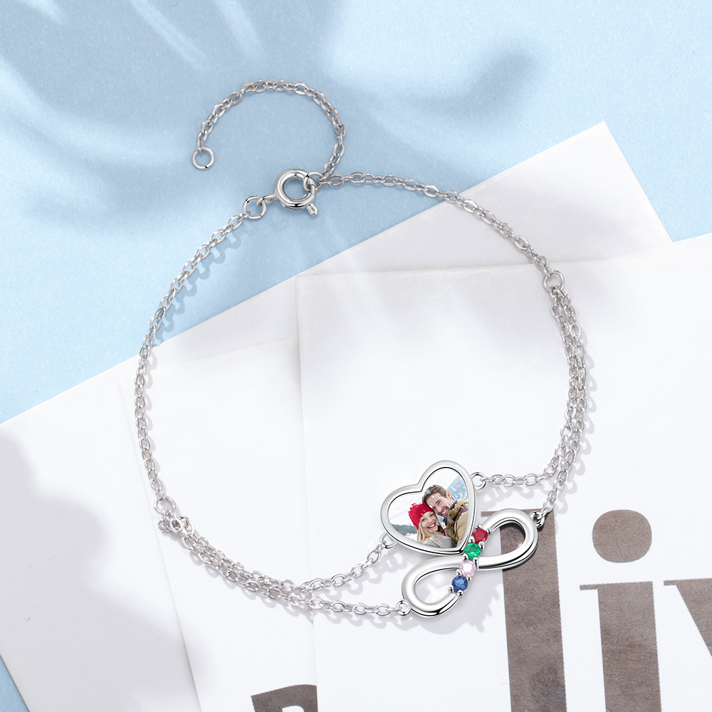 Personalised Heart Photo Bracelet With 4 Birthstones Custom Photo Bracelet Gifts For Her-Jessemade AU