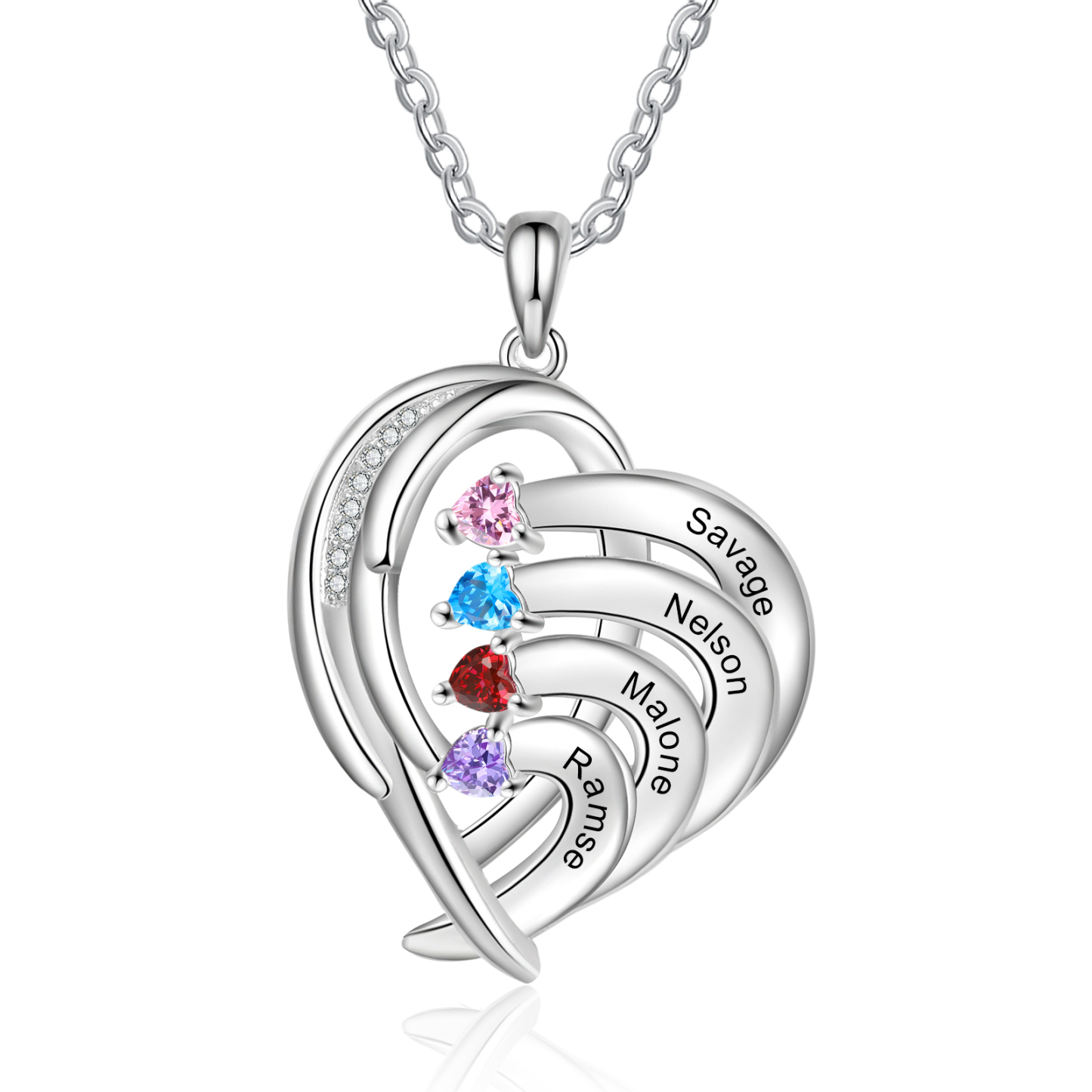 Personalised Heart Wings Necklace With 4 Birthstones Custom Names Necklace Gift For Her-Jessemade AU