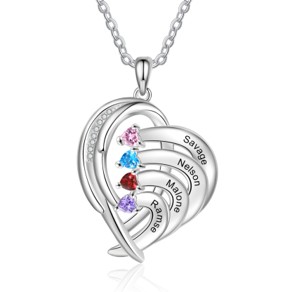 Personalised Heart Wings Necklace With 4 Birthstones Custom Names Necklace Gift For Her-Jessemade AU