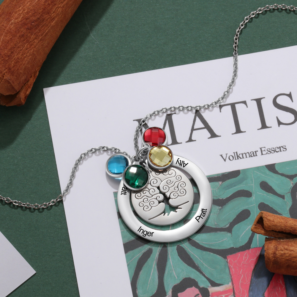 Personalised Family Tree Necklace with 4 Birthstones Engraved Names Gift For Women-Jessemade AU