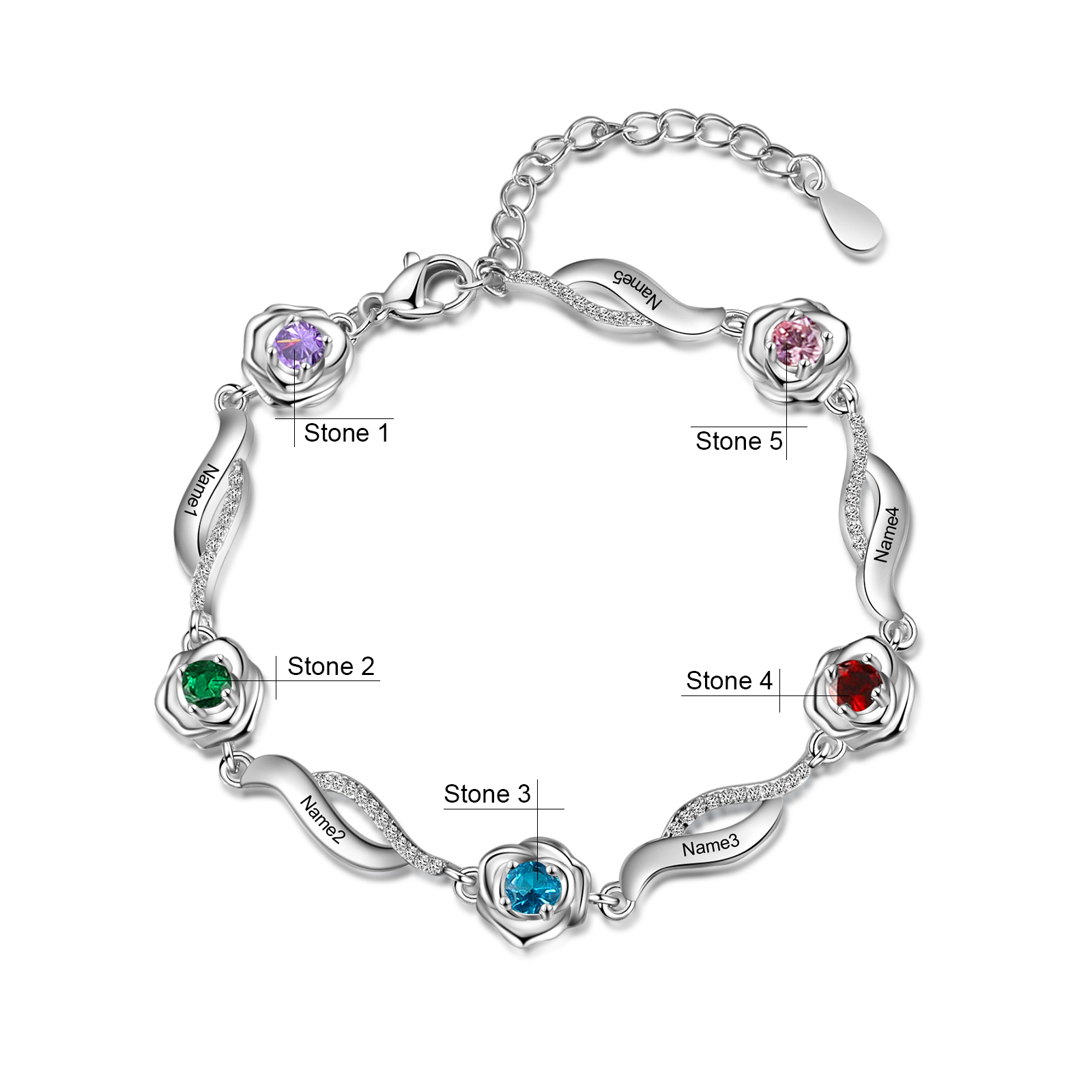 Personalised Rose Bracelet With 5 Birthstones Custom Names Bracelet Gift For Women-Jessemade AU