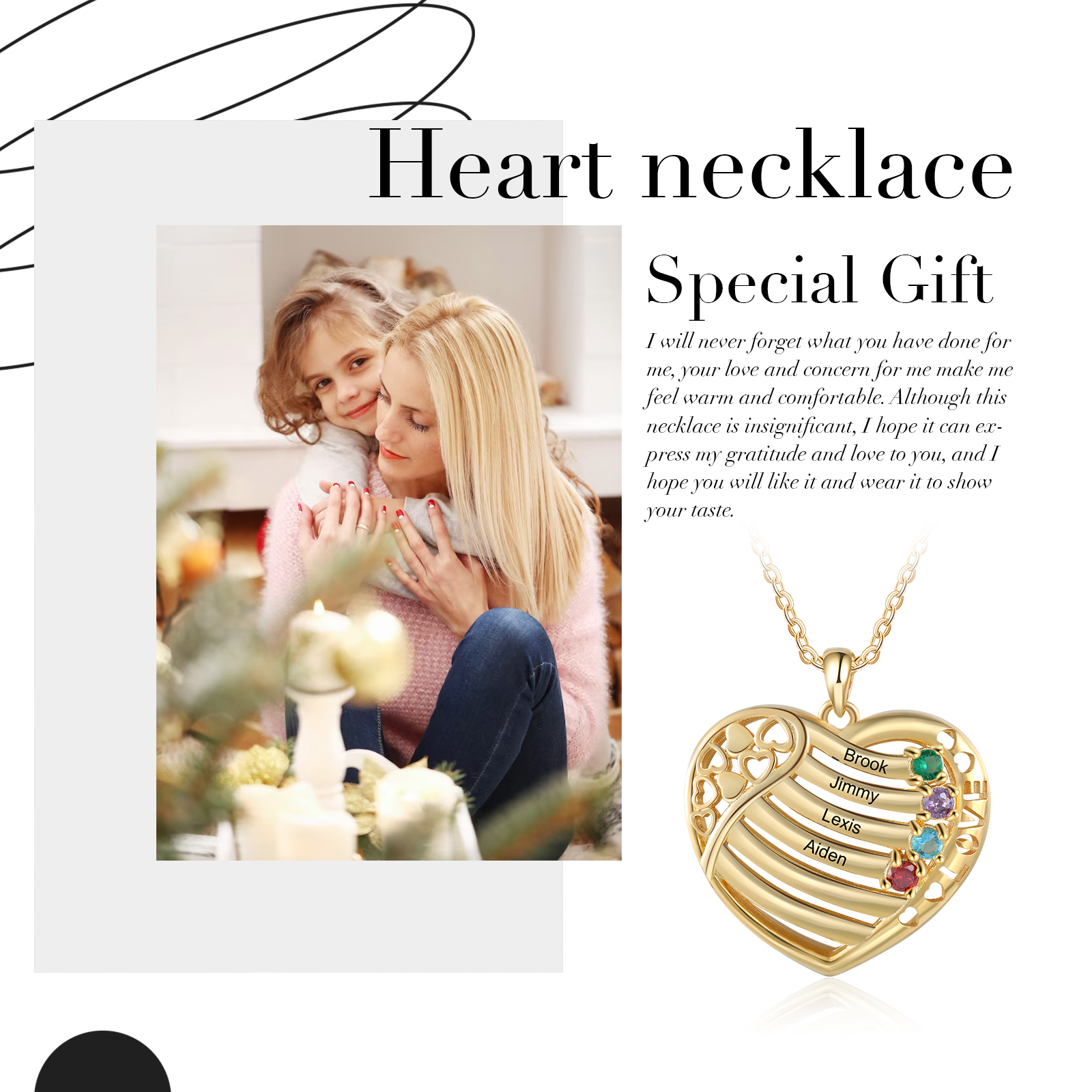 LOVE Heart Necklace Custom 4 Names & Birthstones Family Necklace Gifts For Her-Jessemade AU