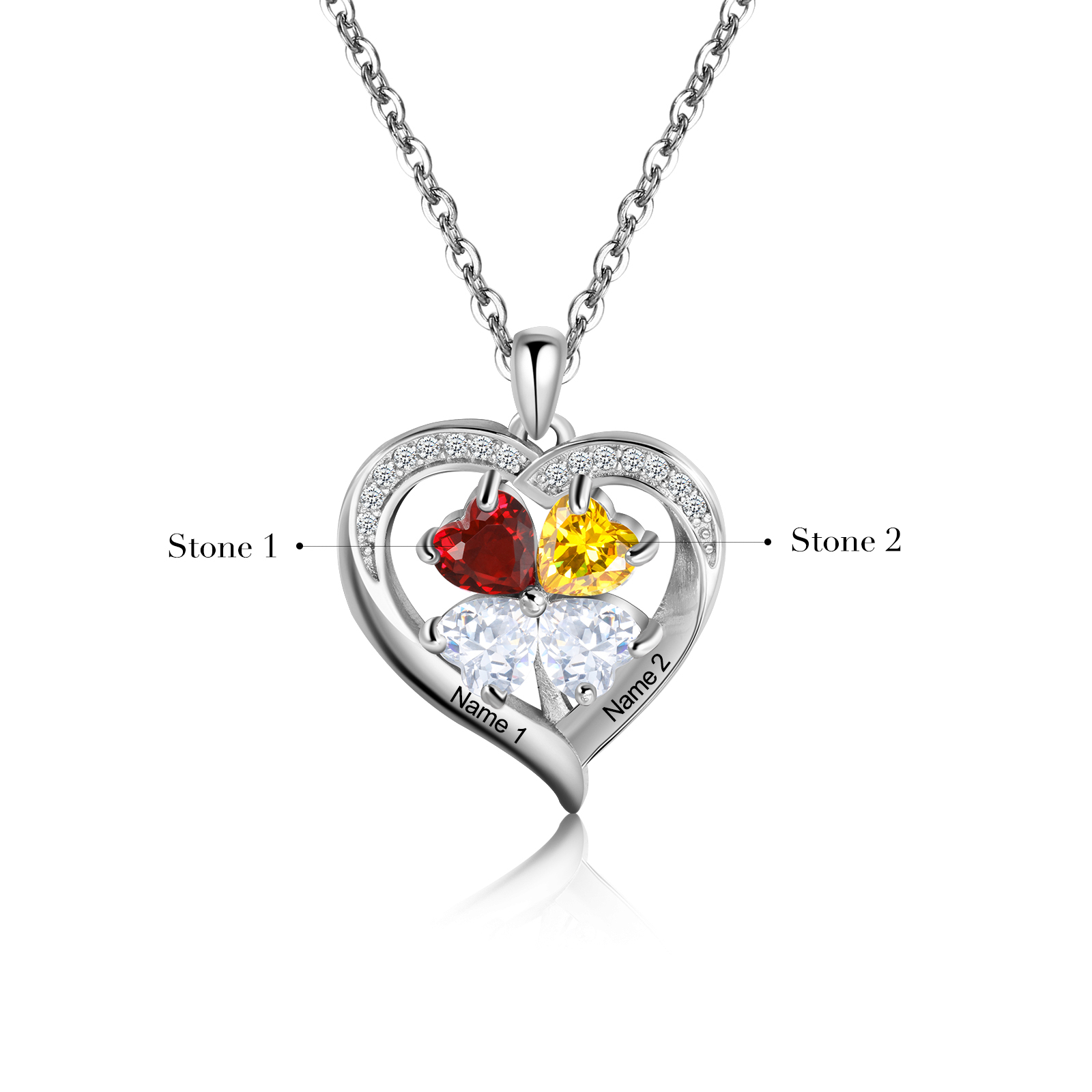 Personalised Heart Necklace with 2 Birthstones Engrave Names Family Necklace for Mom-Jessemade AU