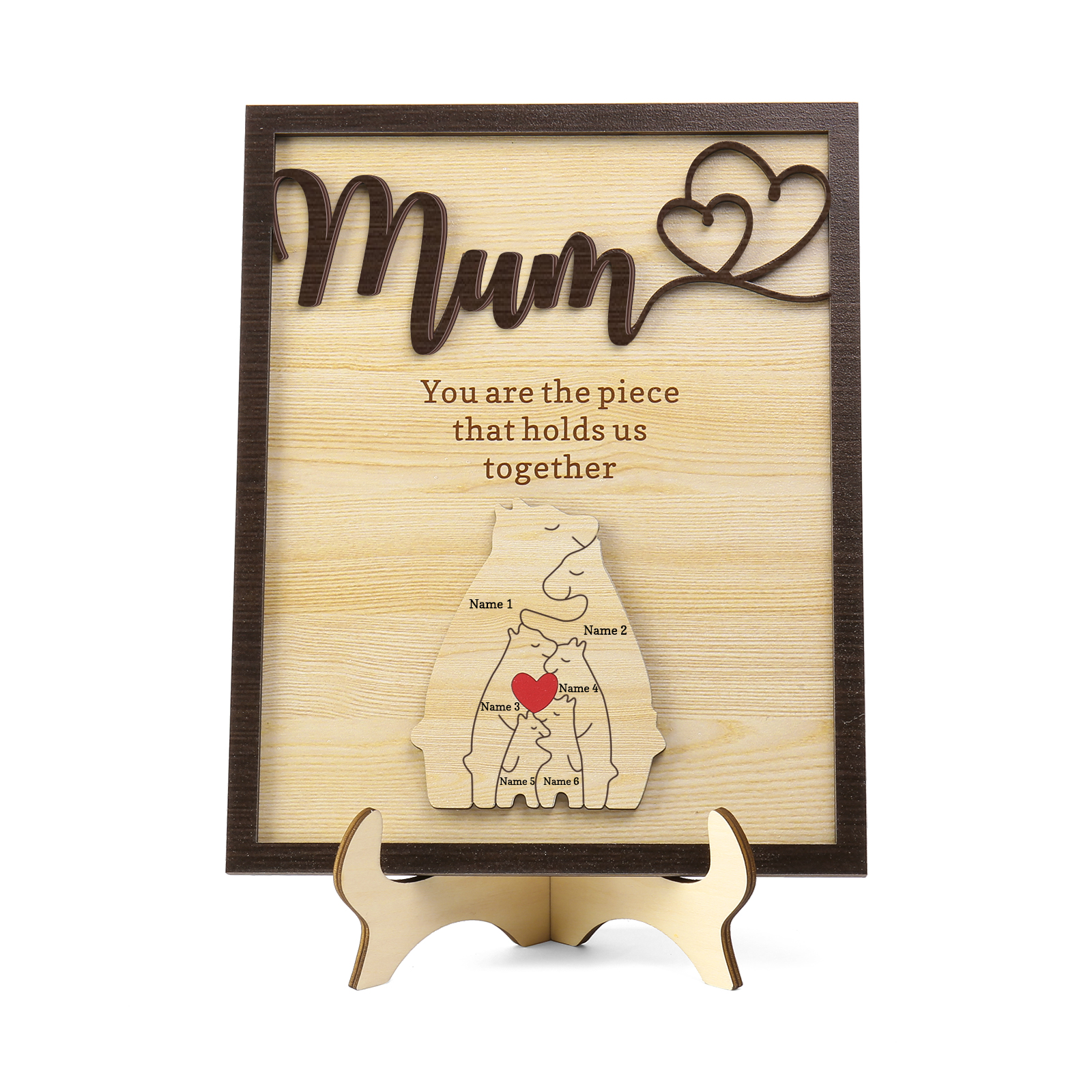 Personalised Bear Puzzle Pieces Wooden Plaque Custom 6 Names Family Ornament With Stand Gifts for Mum - You Are The Piece That Holds Us Together-Jessemade AU