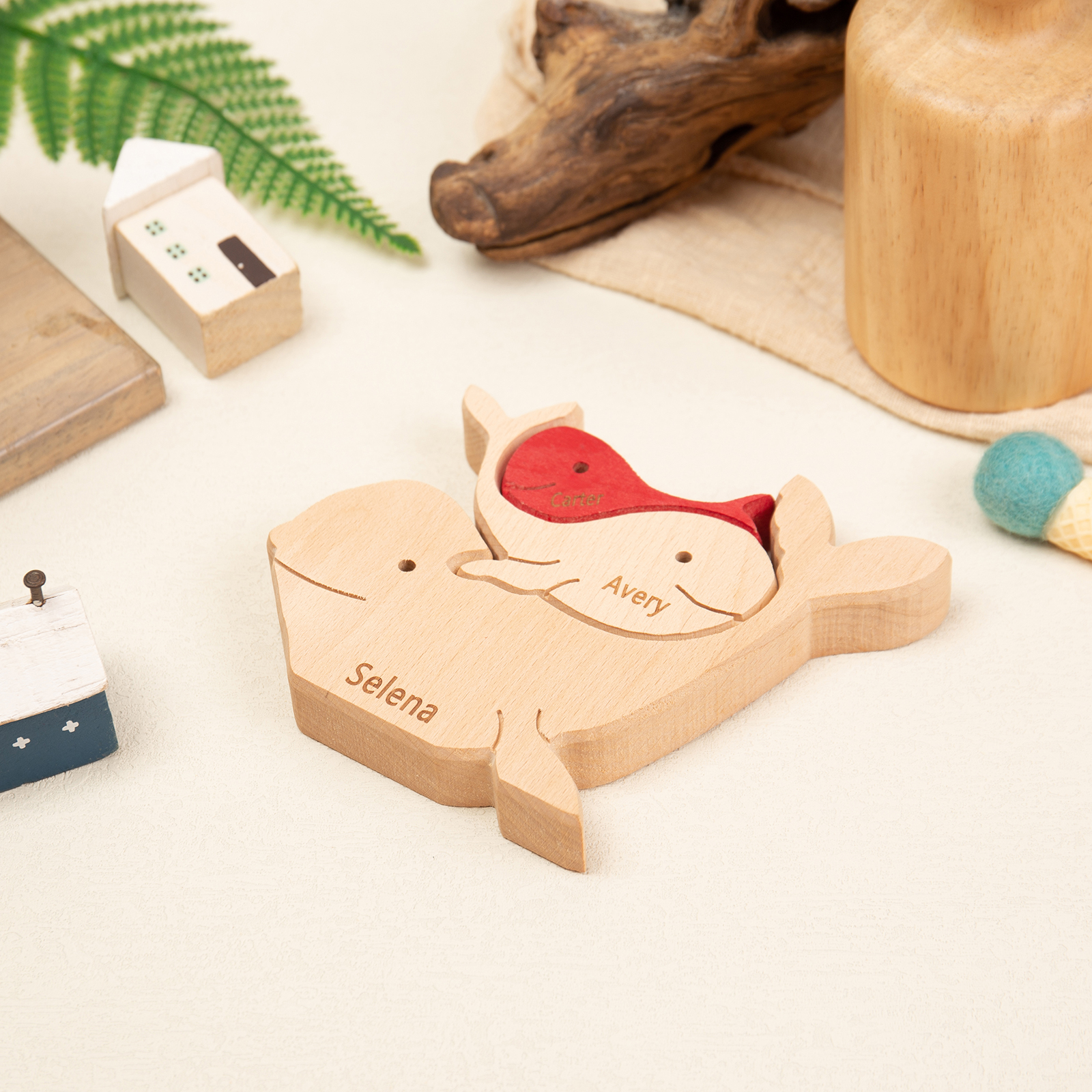 Personalised Wooden Animal Puzzle Custom 3 Names Puzzle Whale Bear Rabbit Hug Ornament Gifts for Family-Jessemade AU