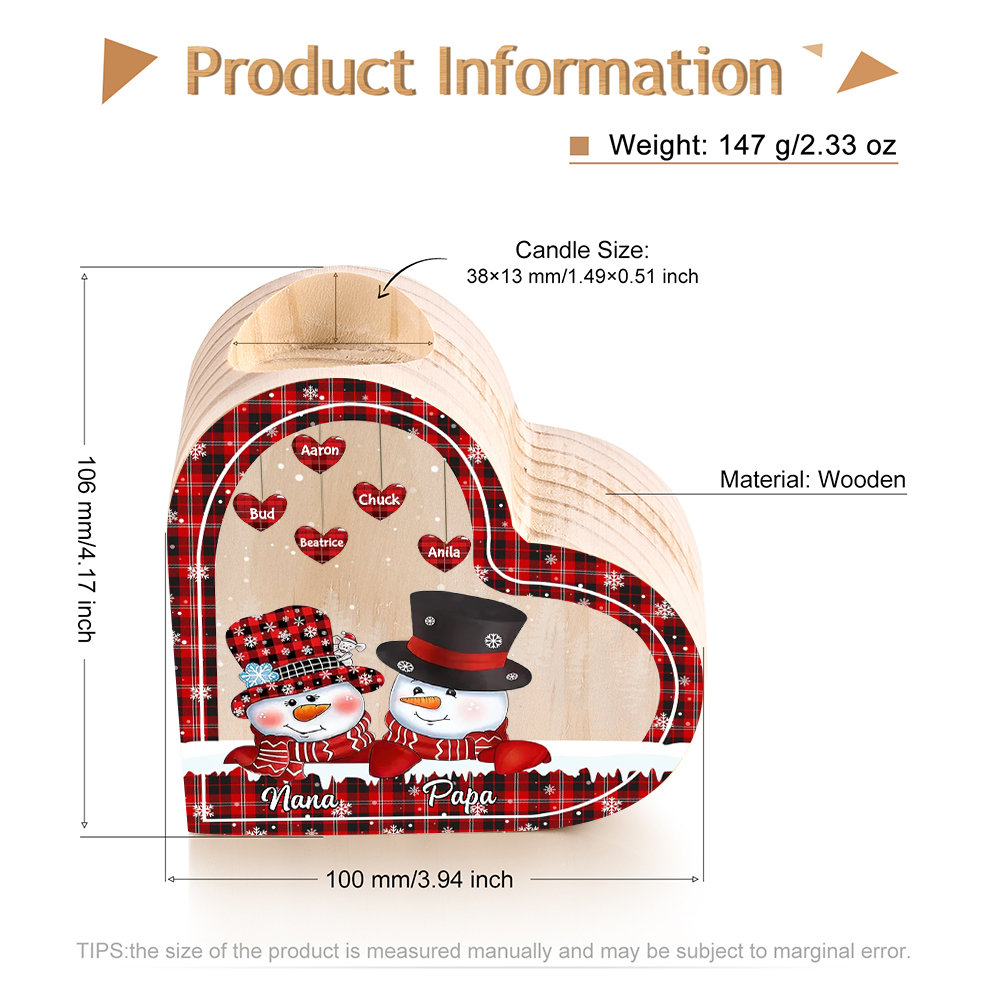 Heart-Shaped Christmas Candle Holder Engraved 7 Names Snowman Candlesticks Personalised Gift for Family-Jessemade AU