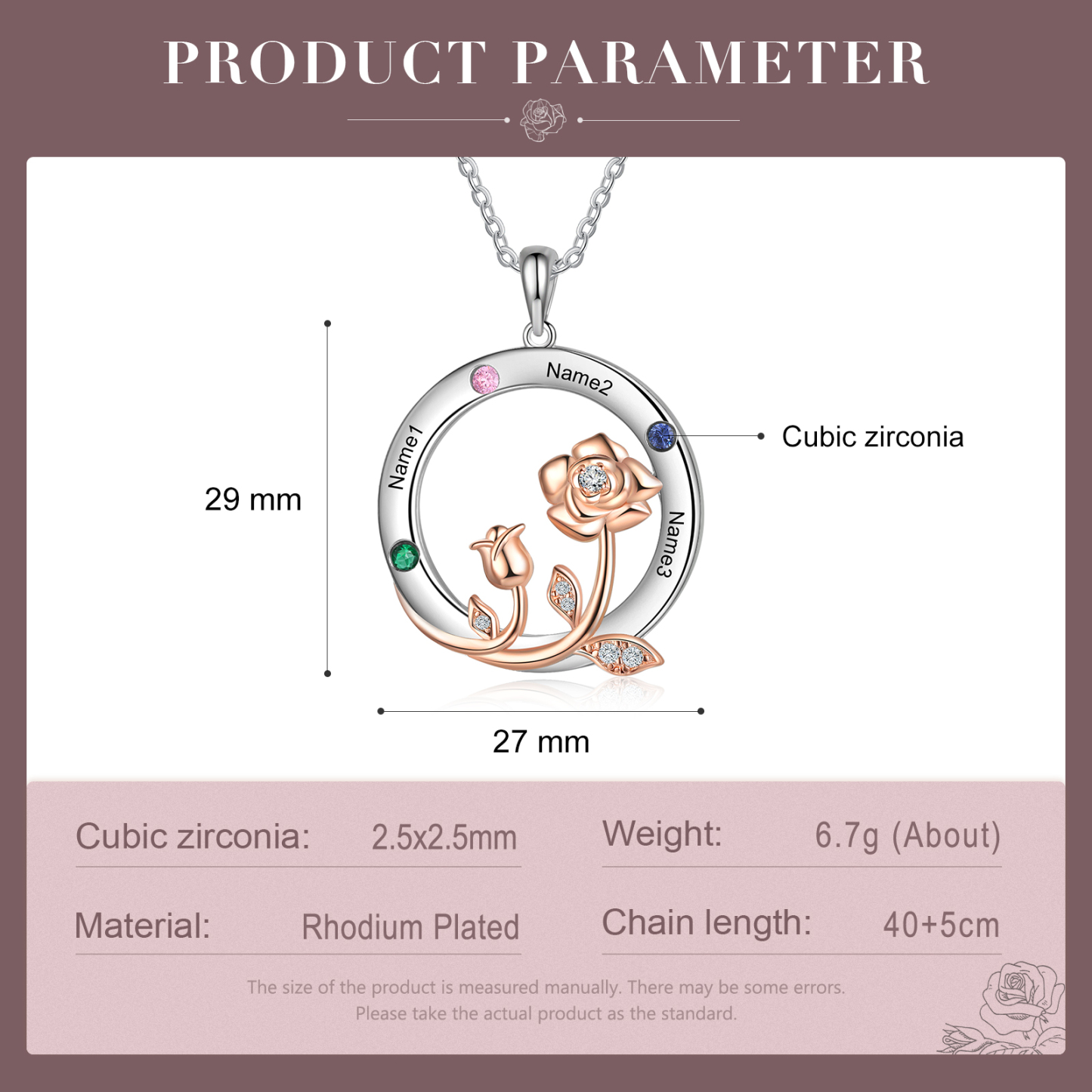 Personalised Rose Flowers Necklace With 3 Birthstones Engraved Names Necklace Gift For Women-Jessemade AU