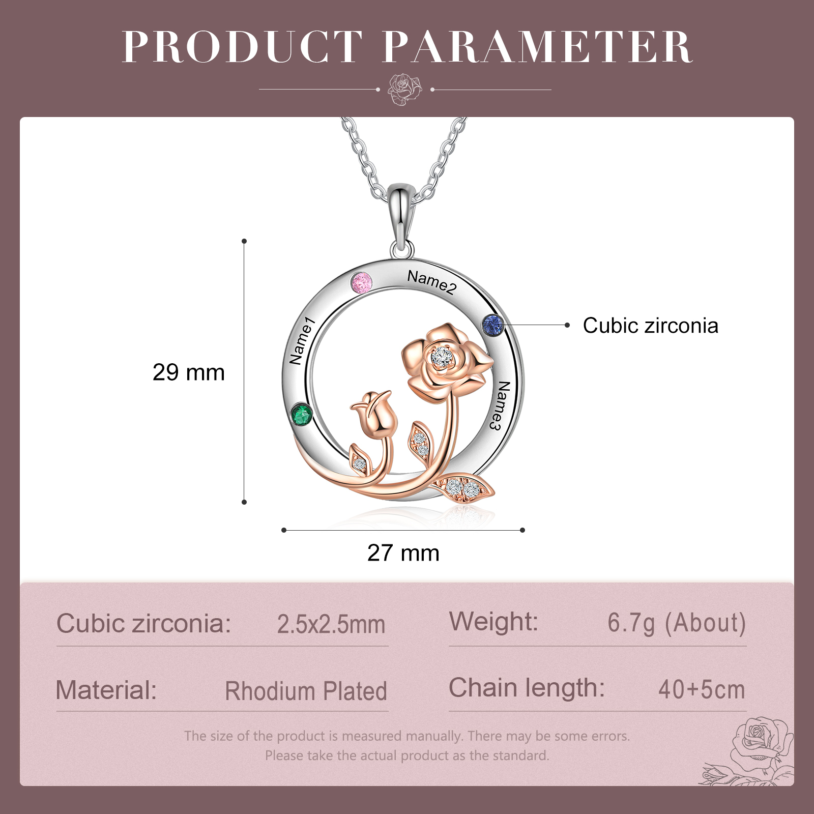 Personalised Rose Flowers Necklace With 3 Birthstones Engraved Names Necklace Gift For Women-Jessemade AU