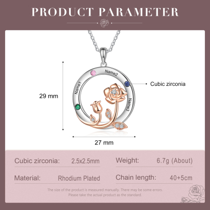 Personalised Rose Flowers Necklace With 3 Birthstones Engraved Names Necklace Gift For Women-Jessemade AU
