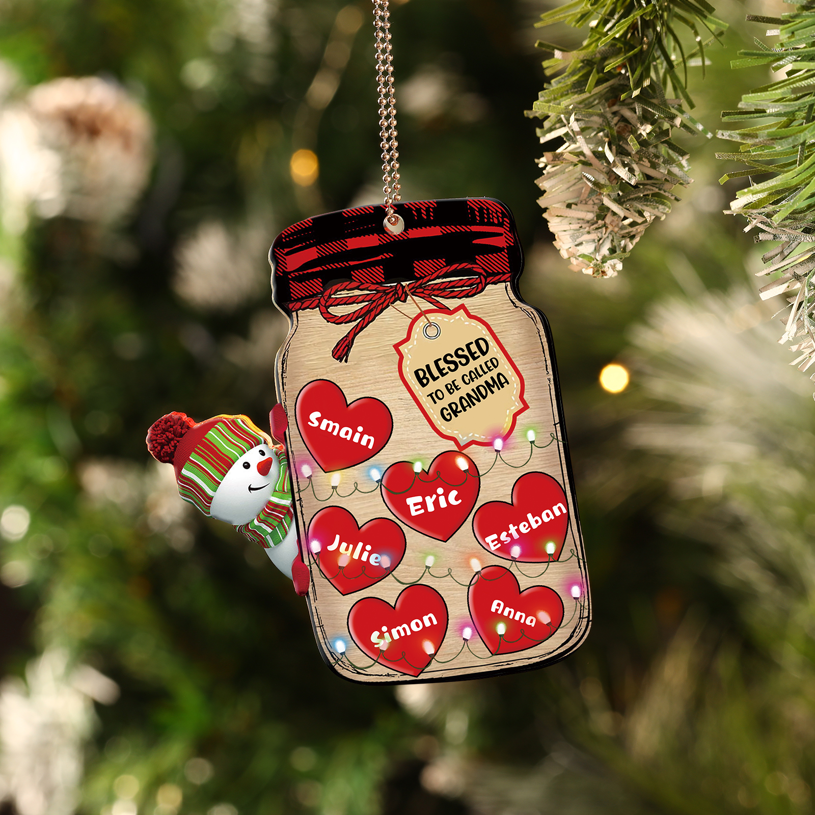 6 Names - Personalised Heart Christmas Ornament Customised Name & Text Acrylic Snowman Hanging Ornaments Jar Gift for Family-Jessemade AU